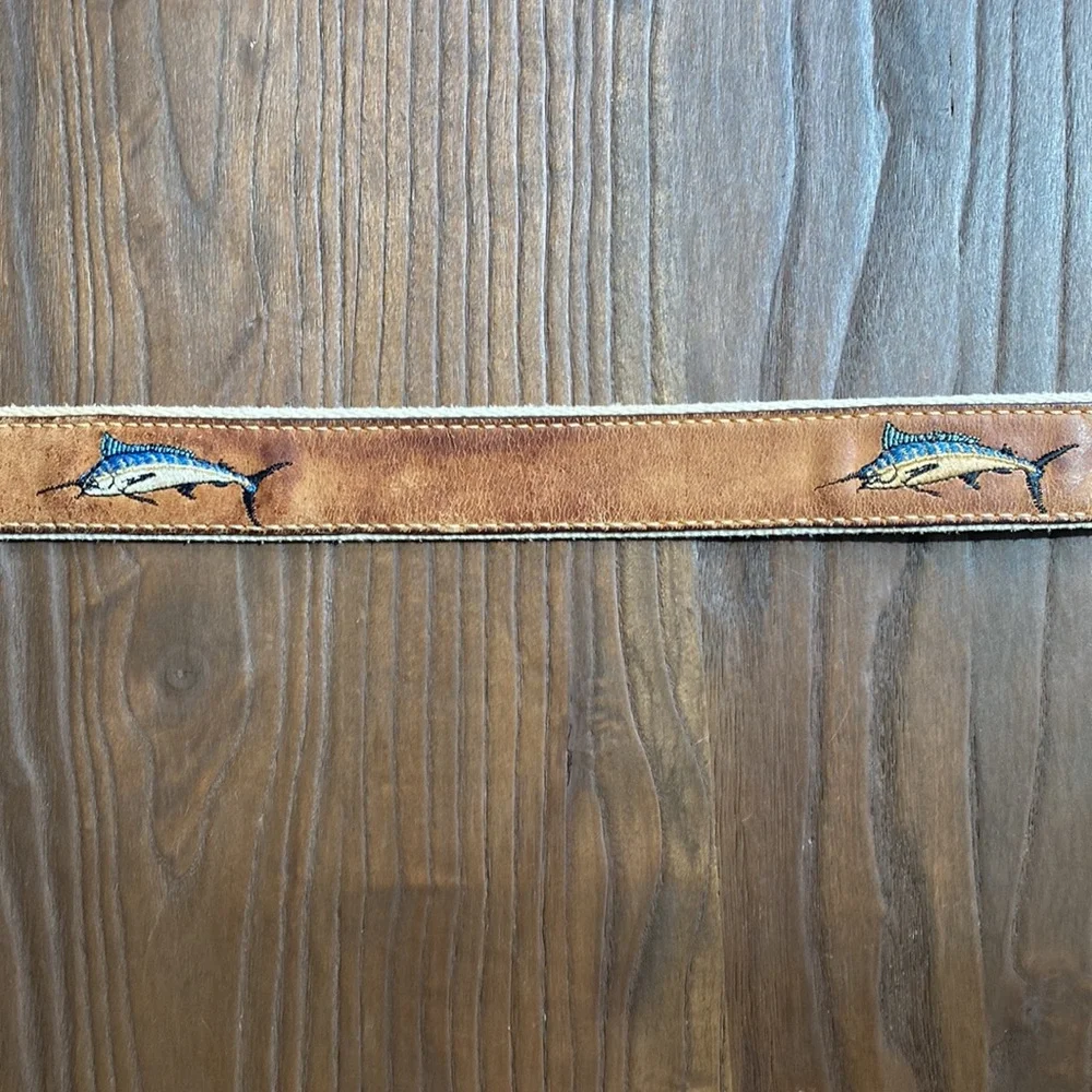 Mens distressed leather embroidered vintage sailfish fishing belt silver tip